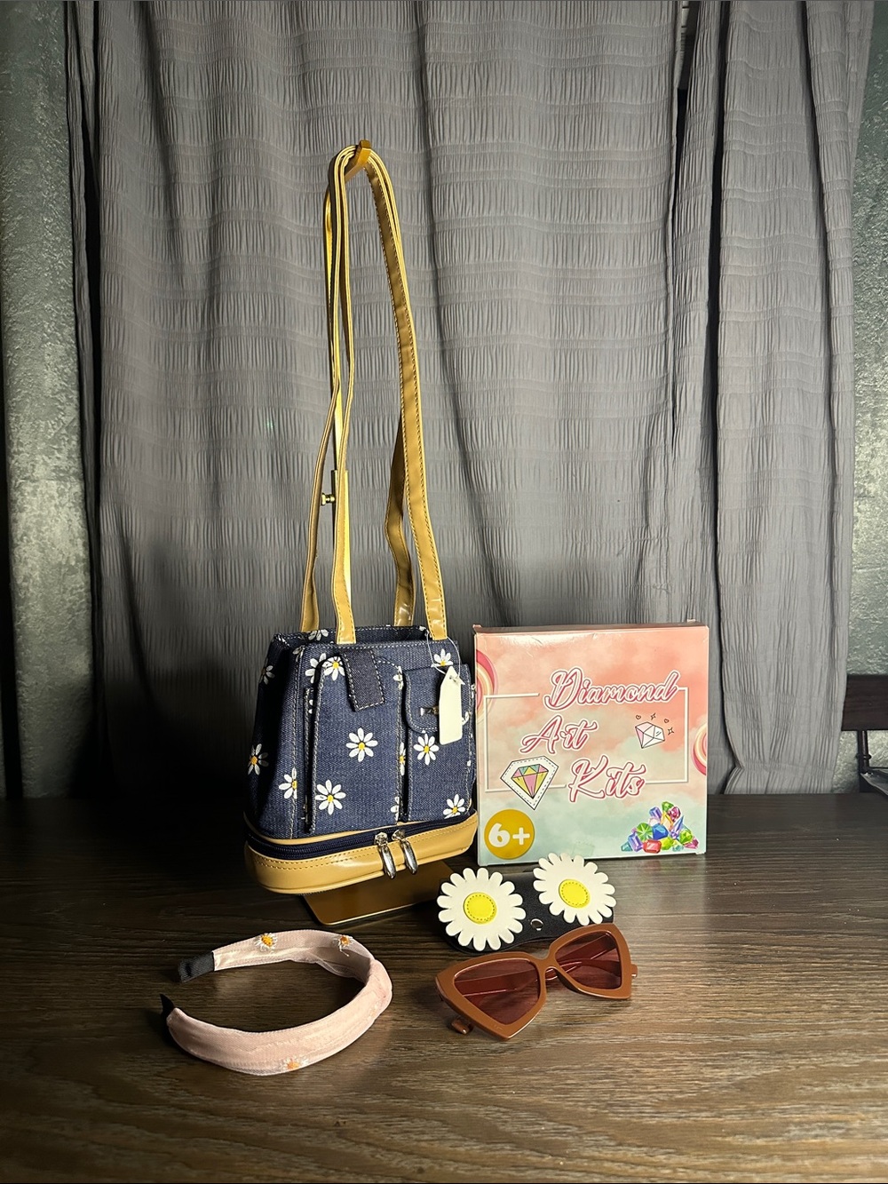 Navy Daisy Crossbody two strap Bag with Tan Trim
